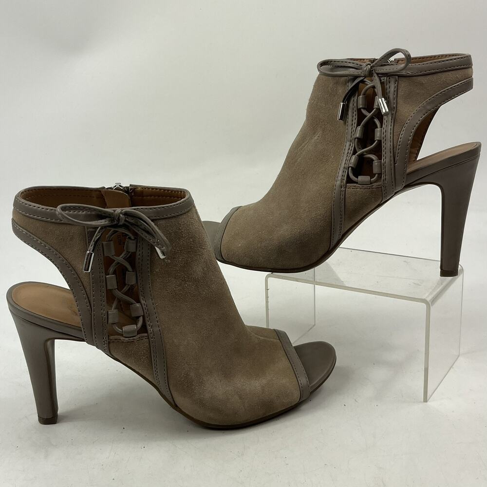 Franco Sarto Womens Elton Peep Toe Booties Size 7.5 Tan Suede Leather Heels